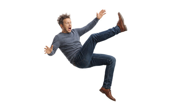 Man in casual clothing falling backwards clumsily. Accident and slipping concept.