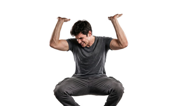 Muscular man squatting and lifting imaginary heavy object. Strength and effort concept.