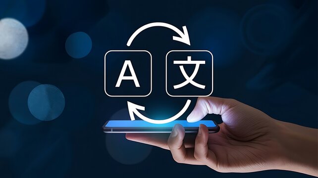Digital illustration of a mobile phone with an app displaying translation icons and a circular arrow