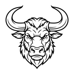Fototapeta premium Bull head mascot with sharp horns and an angry expression is illustrated in a clean black and white line art style.