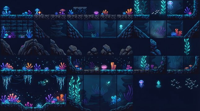 Colorful underwater pixel art environment asset tileset for game design