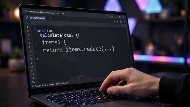 Programmer's hand typing on a laptop, interacting with an AI coding assistant generating JavaScript.