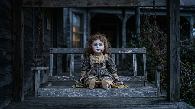 Creepy doll sitting on a porch swing in a dimly lit old house  