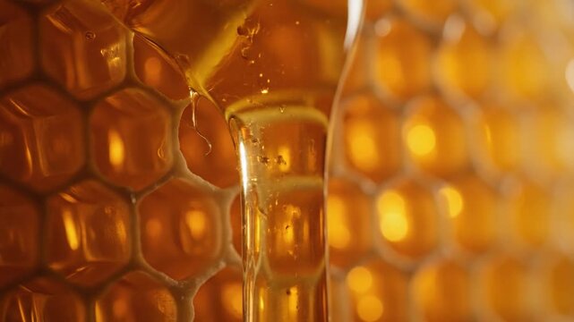 A golden drop of organic honey flows from a wax honeycomb cell in a detailed close up of a natural apiary harvest.