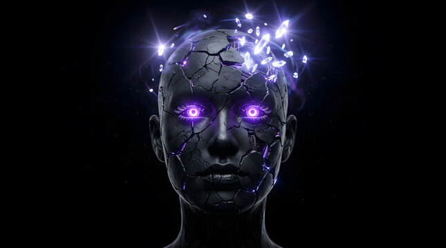 Shattered android head with explosive crystal thoughts. Brain overload and digital consciousness breakthrough. Female cybernetic robot head bursting with glowing crystals against dark background