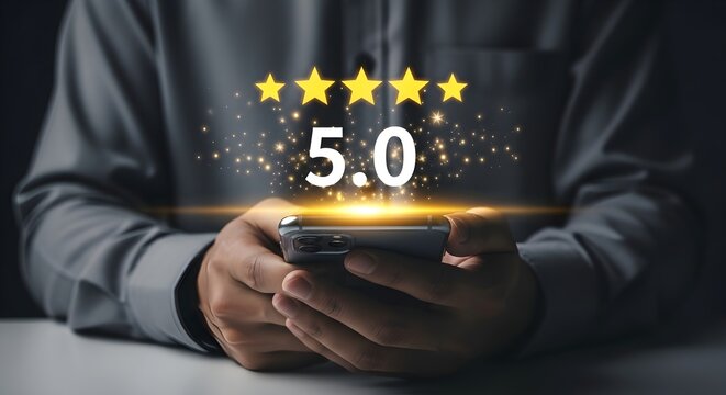 Customer Satisfaction Excellence. Hands holding smartphone with glowing 5.0 star rating and golden particles. Ideal for business reviews and service feedback marketing.