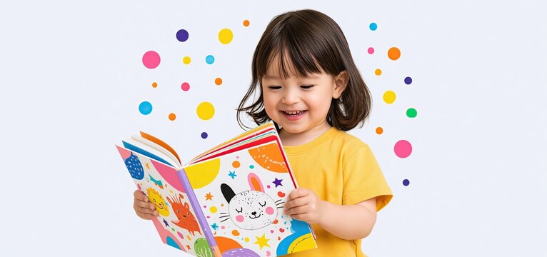 In a vibrant setting, a young child eagerly engages with a vividly illustrated storybook, inspiring creativity and learning.