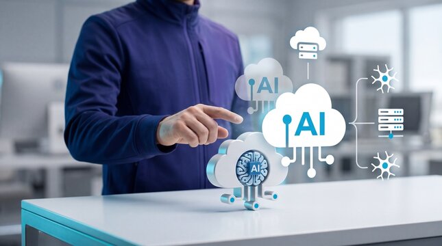 Person interacting with a digital cloud computing interface featuring artificial intelligence icons in an office with touch floating holographic person uses finger infrastructure