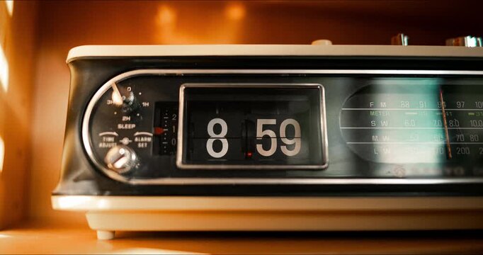 Time lapse close up of retro vintage flip clock with sunlight and blind shadows moving across the frame