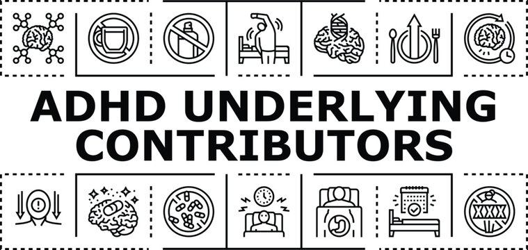 Adhd underlying contributors banner infographic. Neurobiology maturation, stress neurotransmission, heredity sleep icon vector illustration