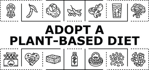 Obraz premium Adopt a plant-based diet banner infographic. Grains protein, health ecofriendly, organic vegan icon vector illustration