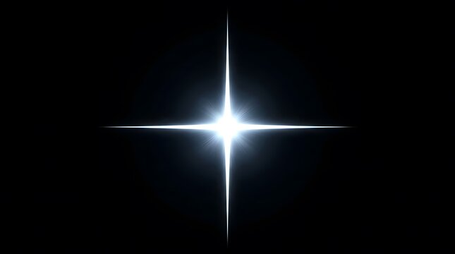 Bright glowing star or lens flare effect with four sharp rays on a black background