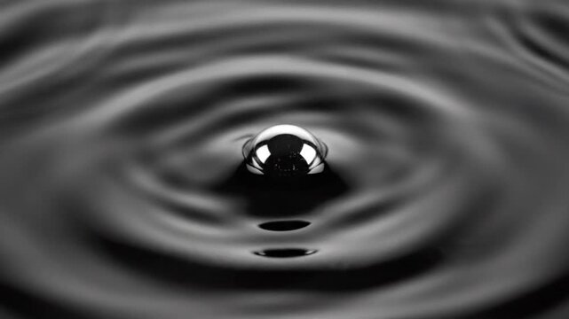 A single silver droplet of mercury creating ripples on a perfectly flat liquid surface.