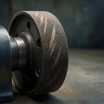 Industrial maintenance and metalworking, abrasive grinding wheel on a bench grinder for precision surface finishing and material removal in a workshop