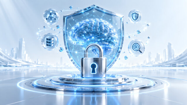 Artificial intelligence cybersecurity concept with glowing digital brain inside protective glass shield and secure padlock in futuristic technology room   