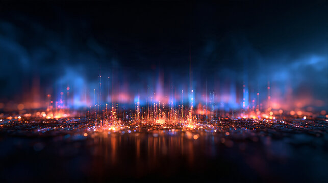 Abstract Digital Cityscape with Glowing Data Particles and Beams