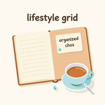 An open blank notebook with a sticky note reading organized chos next to a cup of hot coffee on a clean desk, representing planning and productivity in a minimalist lifestyle setting