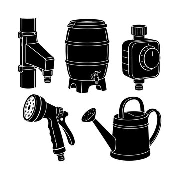 Minimalist Black Solid Glyph Vector Icon Collection Featuring Eco-Friendly Garden Rainwater Harvesting Tools Including Downspout Rain Diverter, Rain Barrel Storage Tank, Hose Tap Timer Controller.