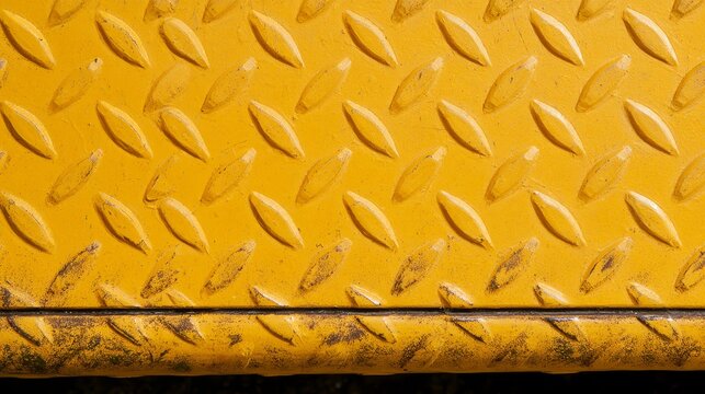 Close-up yellow diamond tread steel surface with raised traction pattern, weathered texture horizontal structural seams, industrial metal background for construction, engineering safety applications
