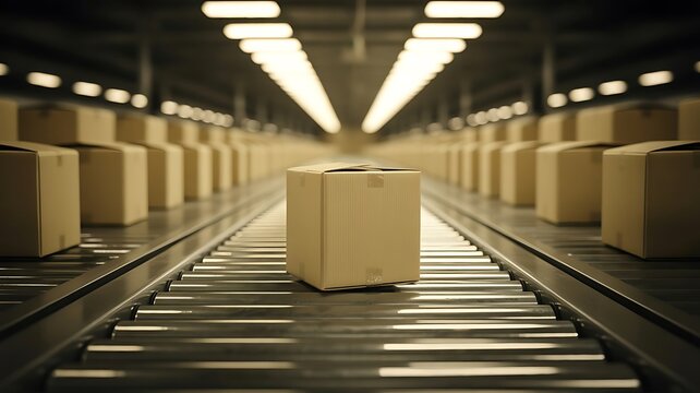 Single cardboard box moving along a metallic roller conveyor belt in a large dark warehouse distribution center for shipping and logistics