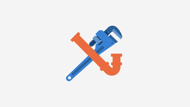 Plumbing and heating logo with a blue pipe wrench crossed over an orange drain trap