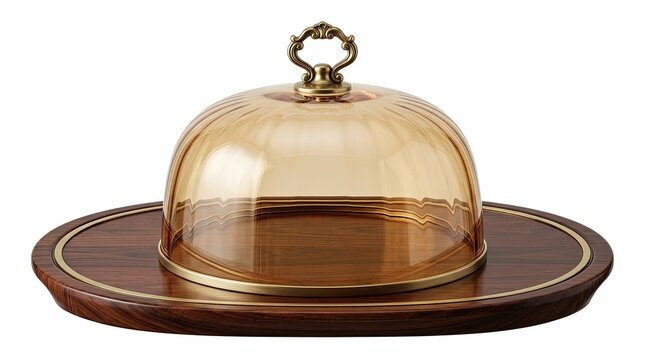Elegant Amber Glass Cloche Dome on Wooden Tray with Brass Accents - Food Presentation