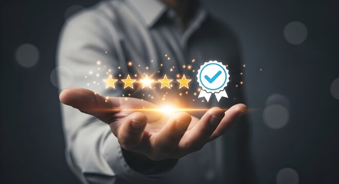 Premium Customer Feedback with businessman hand holding glowing five stars and quality assurance badge, ideal for reputation management and service excellence marketing.