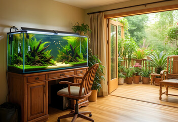 Obraz premium Biophilic design and wellness, home office interior with large planted aquarium and balcony garden view for stress relief and mental health balance