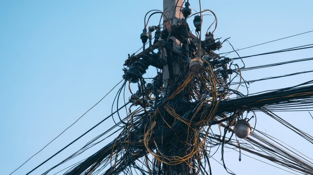Tangled overhead electrical wires on utility pole, chaotic urban cable mess with dense network connections, power lines communication cables creating complex infrastructure clutter in a city street