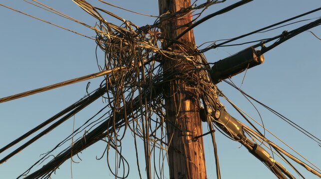 Tangled overhead electrical wires on utility pole, chaotic urban cable mess with dense network connections, power lines communication cables creating complex infrastructure clutter in a city street