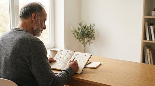 In a bright, airy space, a man sits at a sleek wooden desk, jotting down notes in a notebook. A warm cup of coffee awaits, and a small green plant adds a touch of nature.