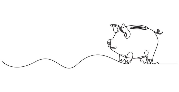 Piggy bank with dollar coin set animation continuous one line drawing, Self drawing simple animation of Piggy bank with dollar coin set. Full length one line animation. Saving money concept, 4k video