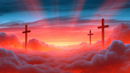 Obraz premium Religious sky with cross silhouettes above glowing cloud at sunrise