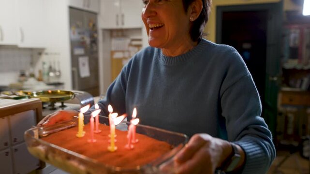 An elderly woman walks carrying a tiramisu cake with lit candles, singing happy birthday as the camera follows her face, destination unseen. Slow motion, video 4K.