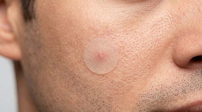 Close up of man cheek with round transparent hydrocolloid pimple patch over acne blemish