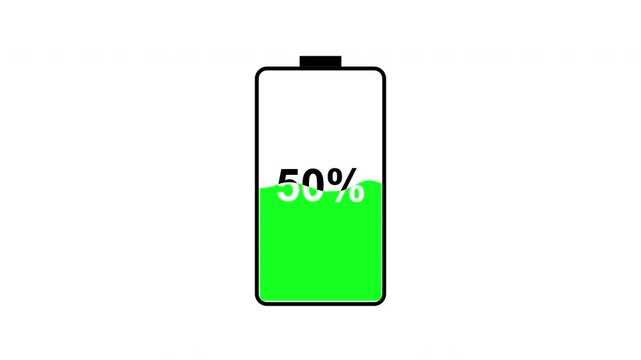 Battery charging icon green water liquid from low to power full battery, battery charging from 0% to 100% animation on transparent background, 4k video