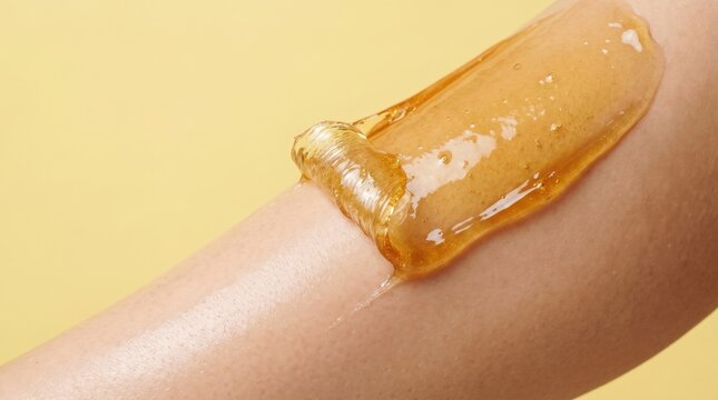 Close up of sugar wax paste being applied to female leg for professional hair removal