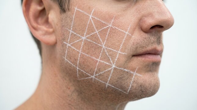 Side profile of man face marked with white pencil grid line map for plastic surgery injection