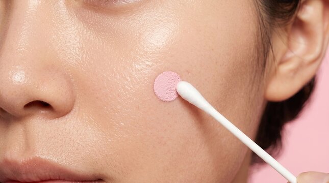 Application of pink drying lotion spot treatment on acne pimple on cheek with cotton swab