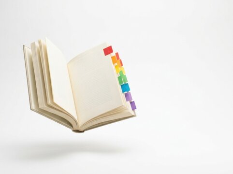 Open Book with Colorful Tabs Floating in Midair on White Background