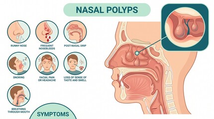 Obraz premium Nasal Polyps Symptoms and Nasal Cavity Anatomy Medical Infographic
