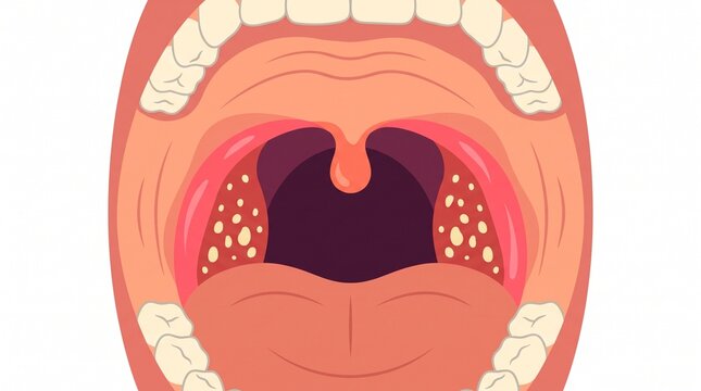 Inflamed Palatine Tonsils With White Spots in Open Mouth Medical Illustration