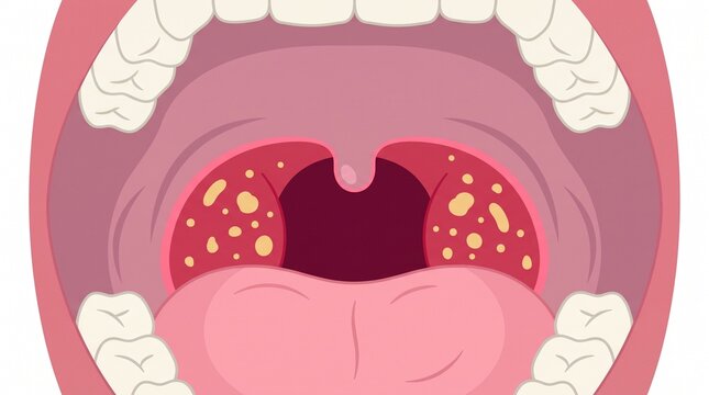 Tonsillitis Medical Illustration Showing Enlarged Tonsils With White Spots