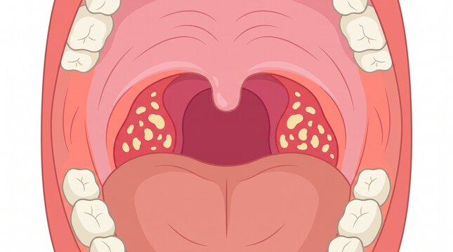 Swollen Palatine Tonsils With White Patches Showing Throat Inflammation