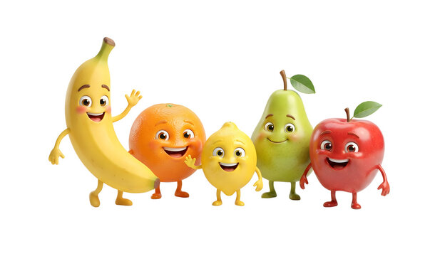 Happy 3D cartoon fruit characters smiling and waving for healthy lifestyle education