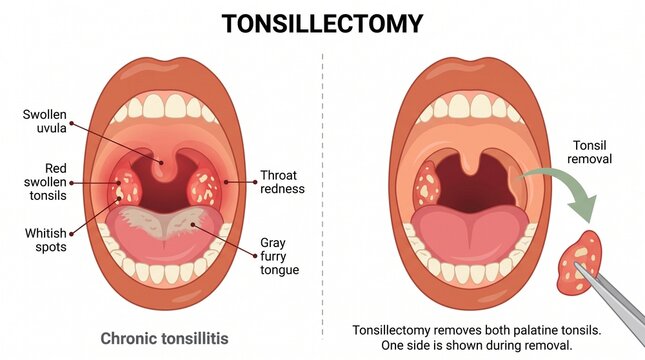 Tonsillectomy Procedure for Chronic Tonsillitis Showing Inflamed Tonsils and Surgical Removal