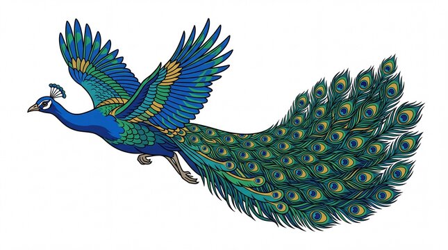 Colorful vector illustration of a majestic flying peacock with detailed feathers and vibrant blue and green colors isolated on a white background
