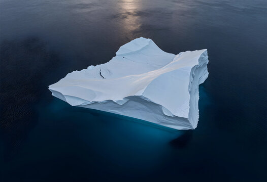 Climate change and global warming, large iceberg floating in dark arctic ocean water environmental crisis and melting polar ice caps