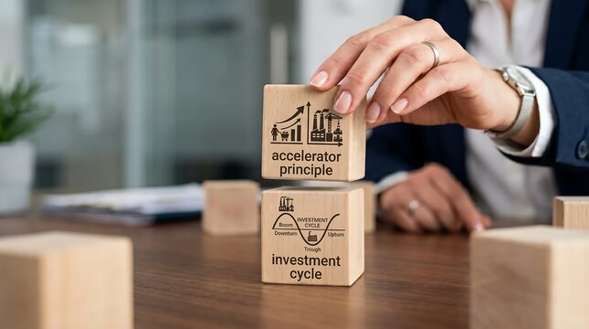 Business person stacking wooden blocks with economic concepts like accelerator principle and investment cycle on a desk