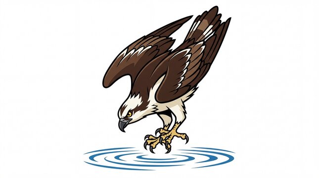 Vector illustration of a majestic osprey diving into water to catch a fish, featuring powerful talons and detailed brown and white feathers